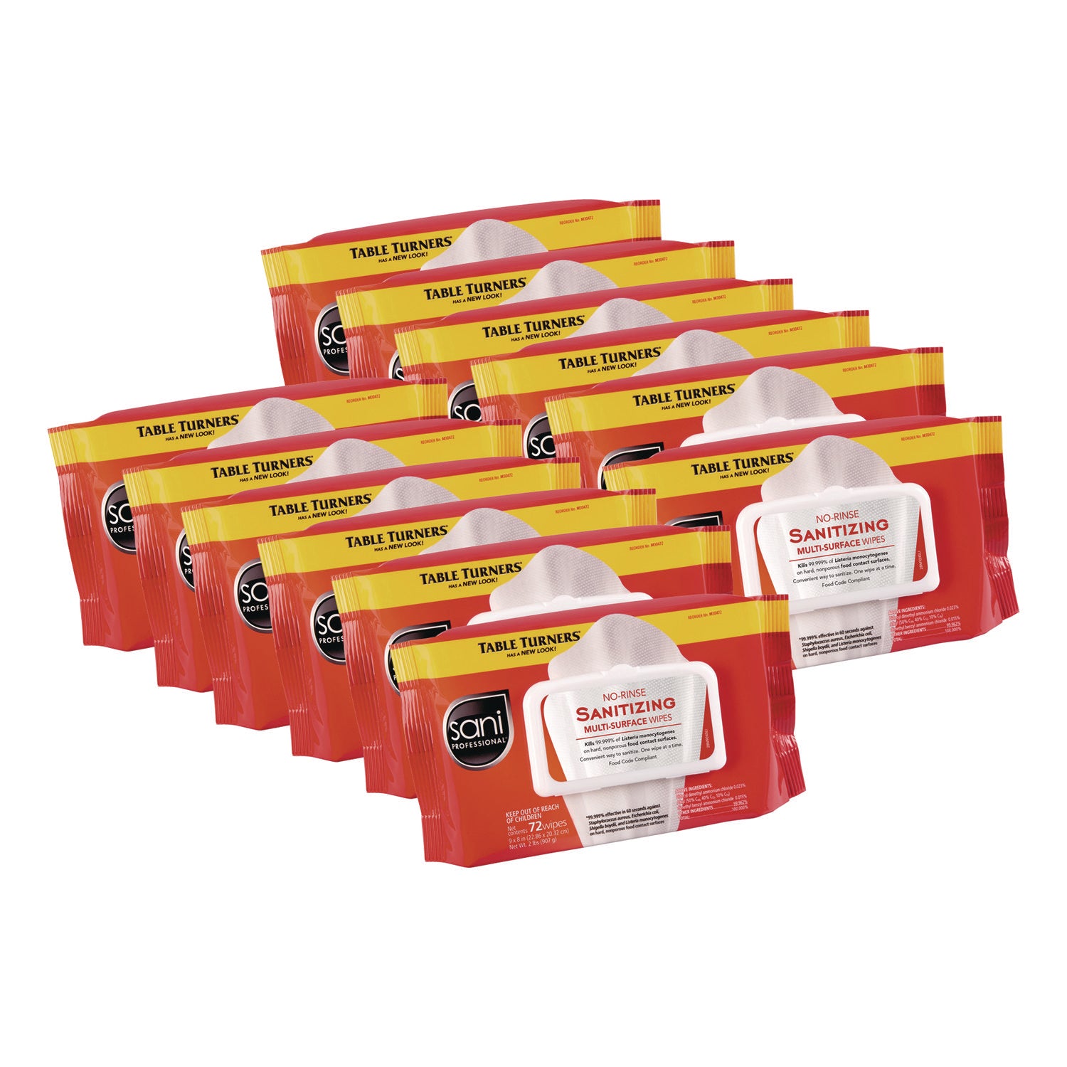 Sani Professional No-Rinse Sanitizing  Multi-Surface Wipes, 1-Ply, 8 x 9, Unscented, White, 72 Wipes/Pack, 12 Packs/Carton (NICM30472)