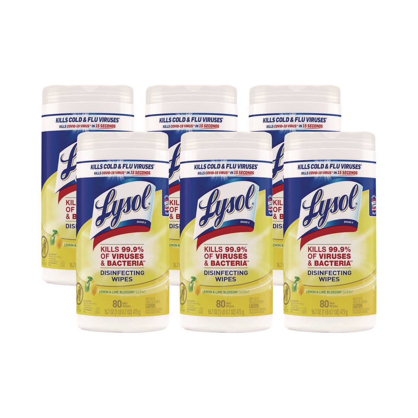 AbilityOne 6840017010407, SKILCRAFT Lysol Disinfecting Wipes, 1-Ply, 7 x 7.25, Lemon-Lime, White, 80/Canister, 6 Canisters/Carton