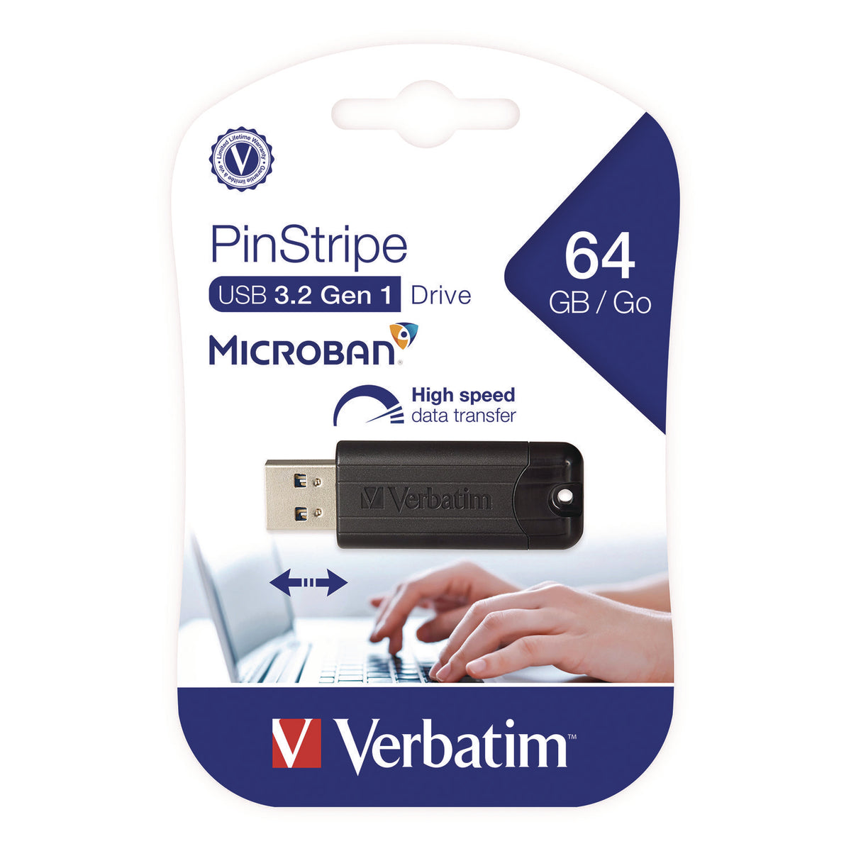 Verbatim PinStripe USB 3.2 Flash Drive, 64 GB, Black (VER49318)