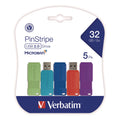 Verbatim PinStripe USB 3.2 Flash Drive, 32 GB, Assorted Colors, 5/Pack (VER70055)