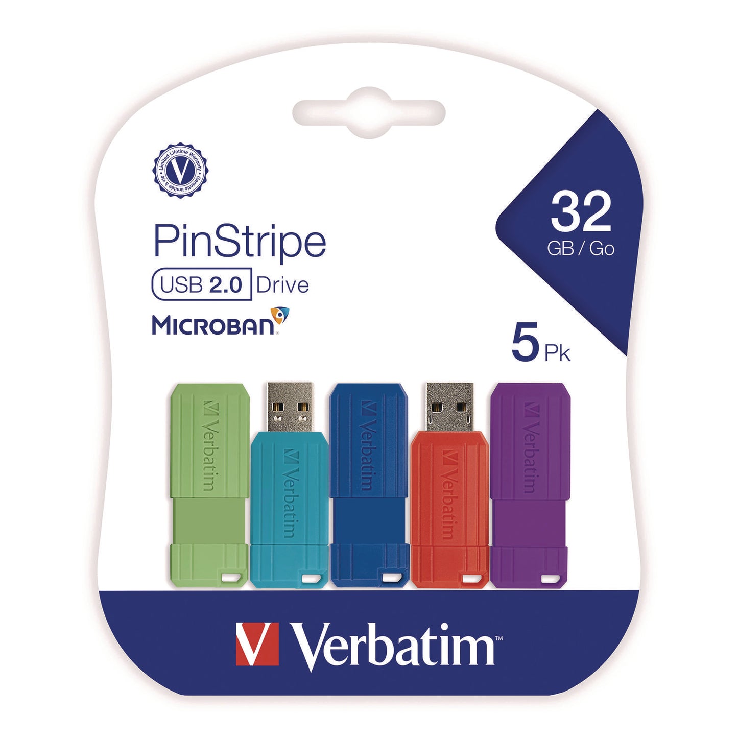 Verbatim PinStripe USB 3.2 Flash Drive, 32 GB, Assorted Colors, 5/Pack (VER70055)