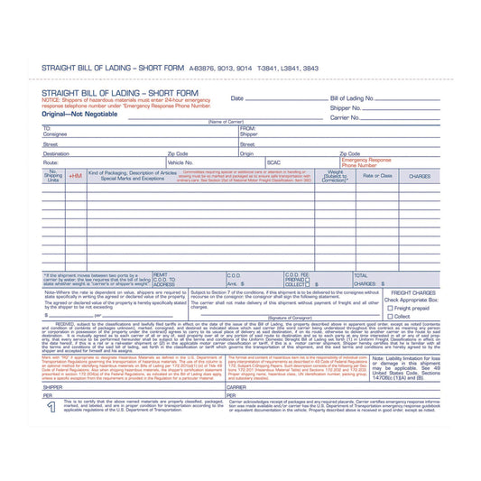 Adams Bill of Lading - Short Form for Up to Ten Articles, Three-Part Carbonless, 8.5 x 6.94, 50 Forms Total (ABF9013)