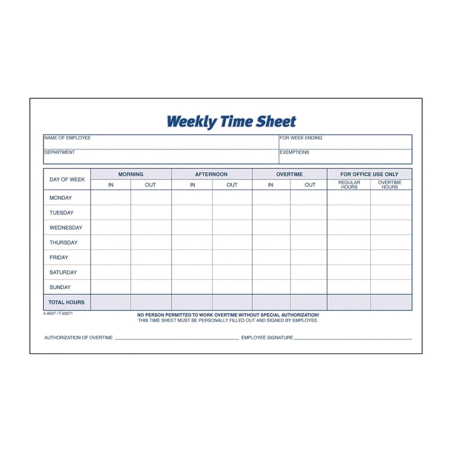 Adams Time Sheets, One Part (No Copies), 8.5 x 5.5, 100 Forms/Pad, 2 Pads/Pack (ABF9507ABF)