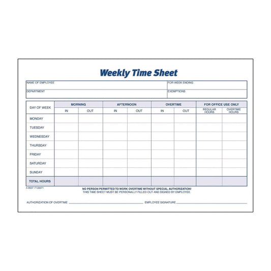 Adams Time Sheets, One Part (No Copies), 8.5 x 5.5, 100 Forms/Pad, 2 Pads/Pack (ABF9507ABF)