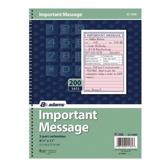 Adams Important Message Book, Two-Part Carbonless, 4 Forms/Sheet, 200 Forms Total (ABFSC1184D)