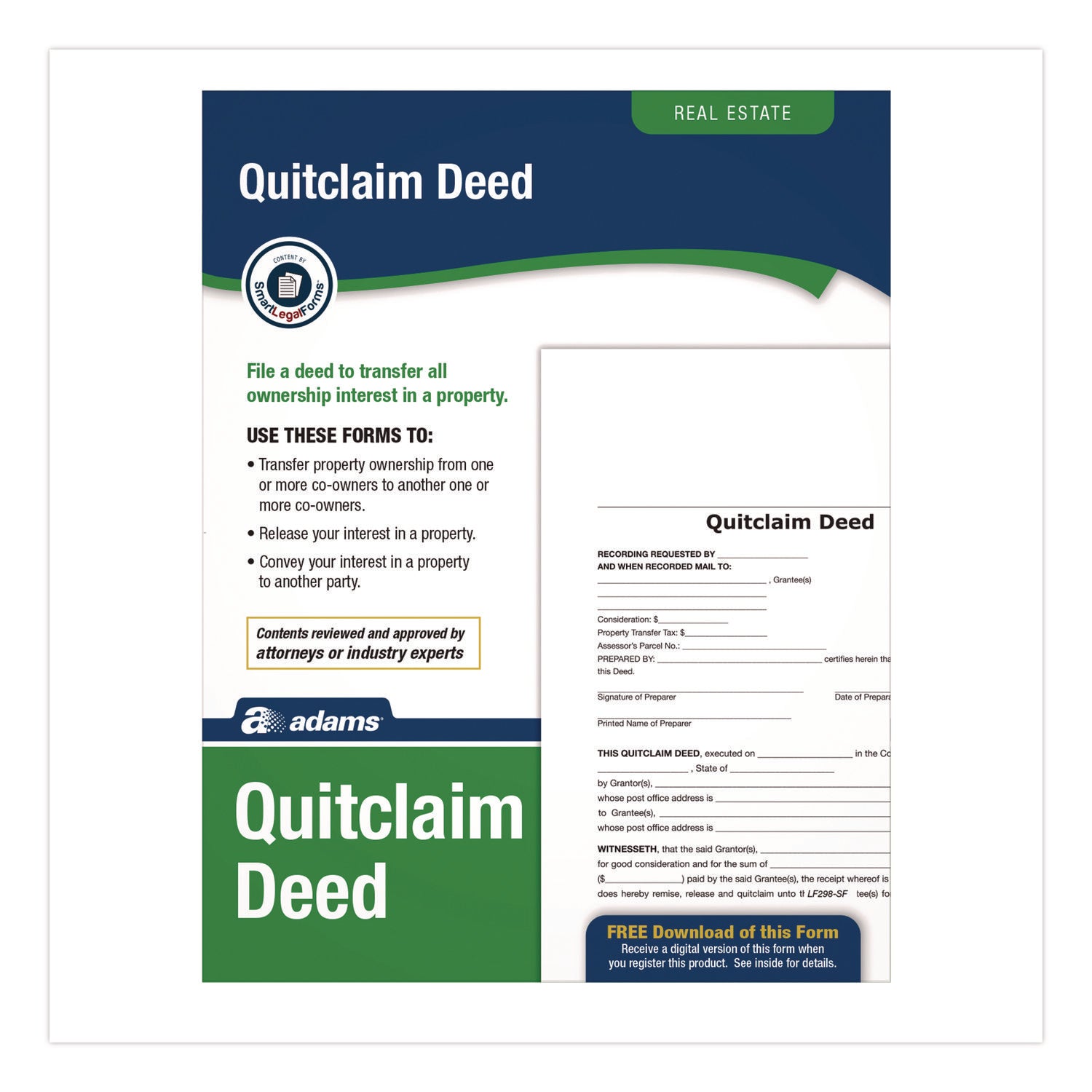 Adams Quitclaim Deed Forms with Instructions and Free Downloads, One-Part (No Copies), 8.5 x 11, 4 Forms Total (LF298)