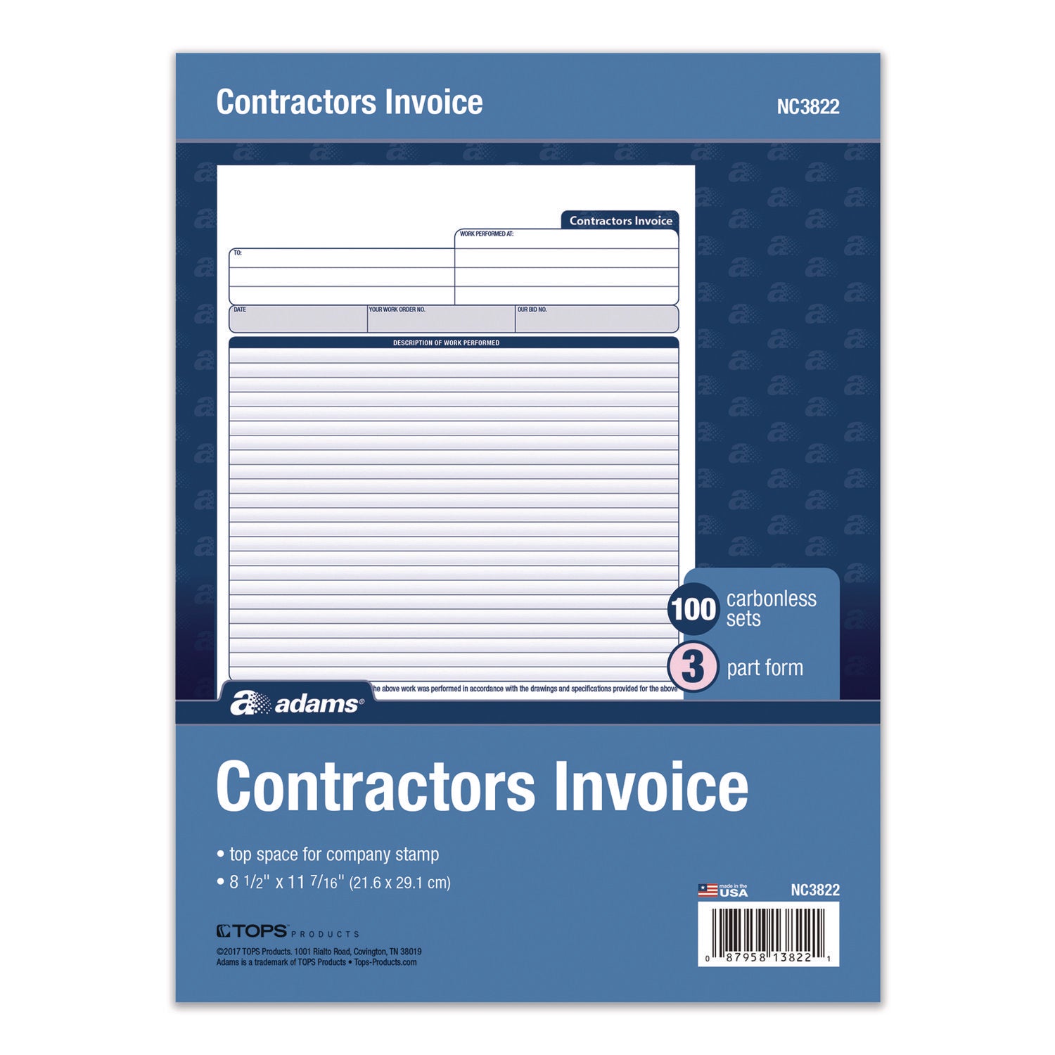 Adams Multipart Contractor Invoice Forms, Three-Part Carbonless, 8.5 x 10.94, 100 Forms Total (NC3822)