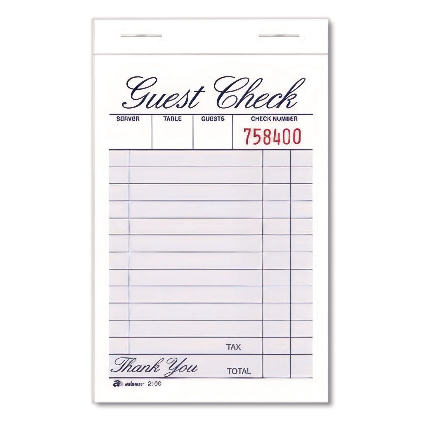 Adams One-Part Guest Check Pad, One-Part (No Copies), 3.35 x 4.94, 100 Forms/Pad, 12 Pads/Pack (210012)