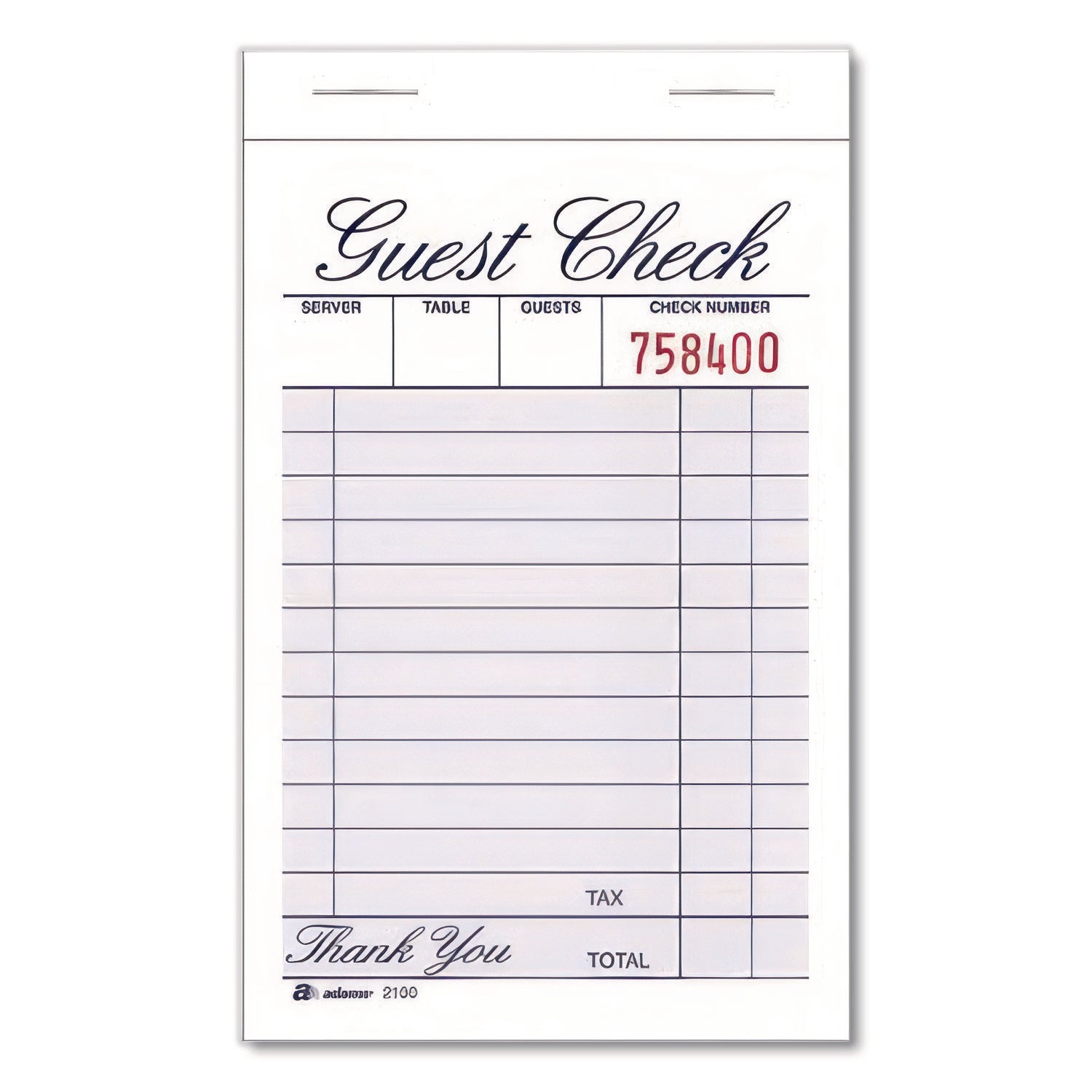 Adams One-Part Guest Check Pad, One-Part (No Copies), 3.35 x 4.94, 100 Forms/Pad, 12 Pads/Pack (210012)