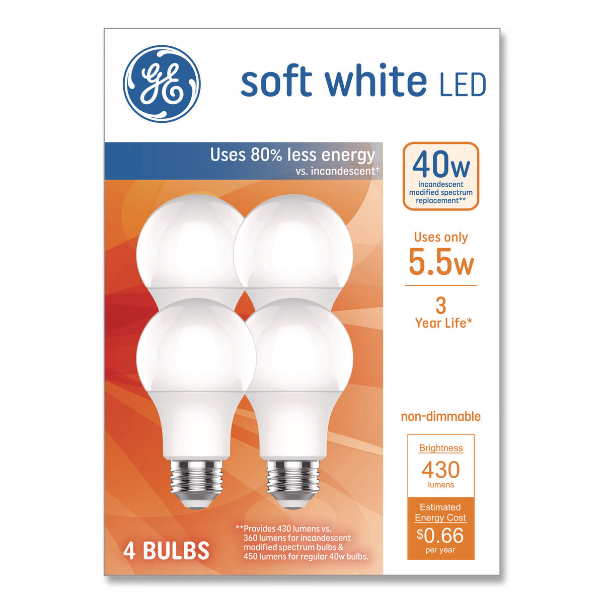 GE Classic LED SW Non-Dim A19 Light Bulb, 5.5 W, Soft White, 4/Pack (93131062)