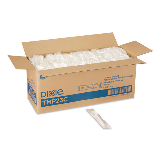 Dixie Mediumweight Polypropylene Cutlery, Individually Wrapped, Spoon, Plastic, White, 1,000/Carton (TMP23C)