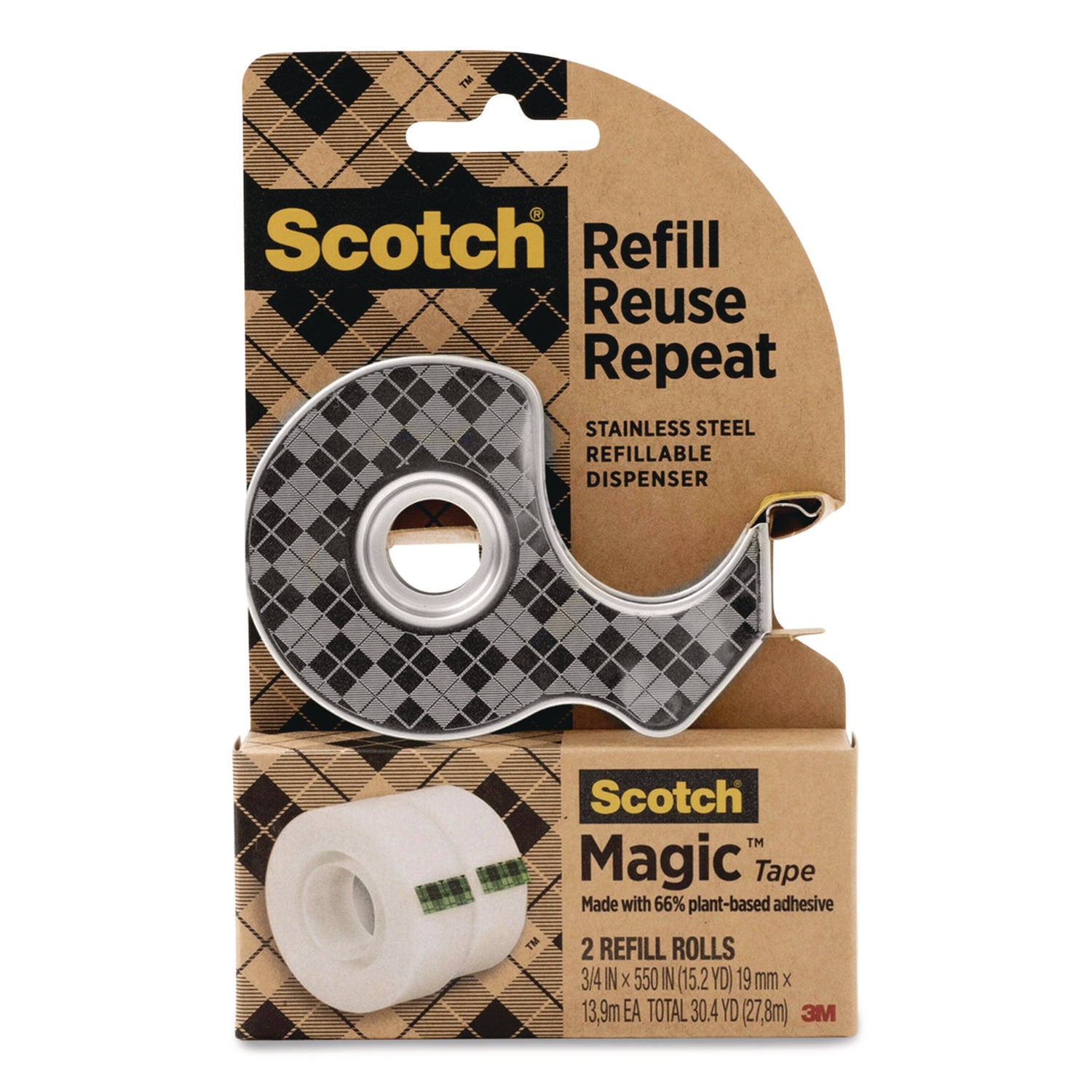 Scotch Stainless Steel Refillable Tape Dispenser with 2 Rolls 0.75" x 550" Tape (123R)