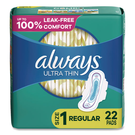 Always Ultra Thin Pads with Wings, Size 1, Regular Absorbency, 22 Pads/Pack, 12 Packs/Carton (03339)