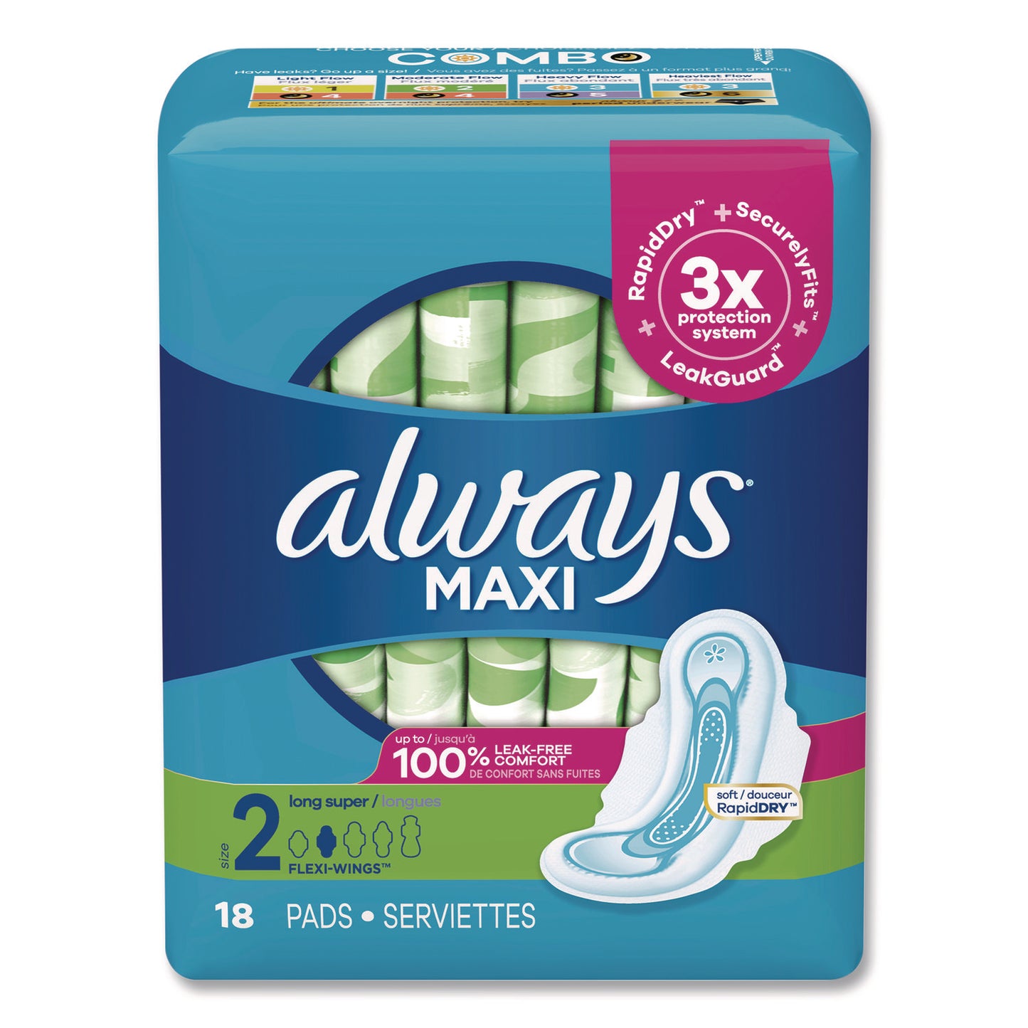 Always Maxi Long Super Daytime Pad with Wings, Size 2, Super Absorbency, 18/Pack, 8 Packs/Carton (03368)