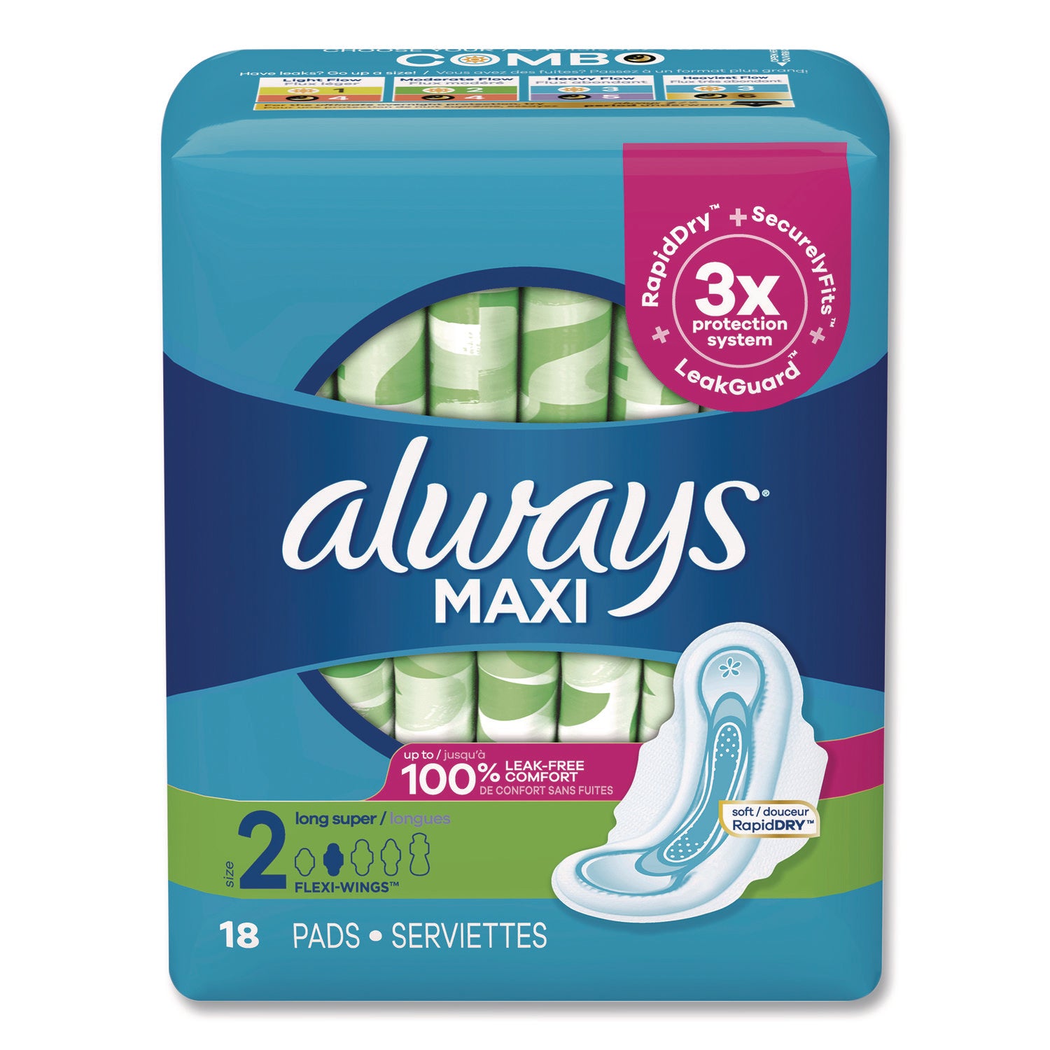 Always Maxi Long Super Daytime Pad with Wings, Size 2, Super Absorbency, 18/Pack, 8 Packs/Carton (03368)