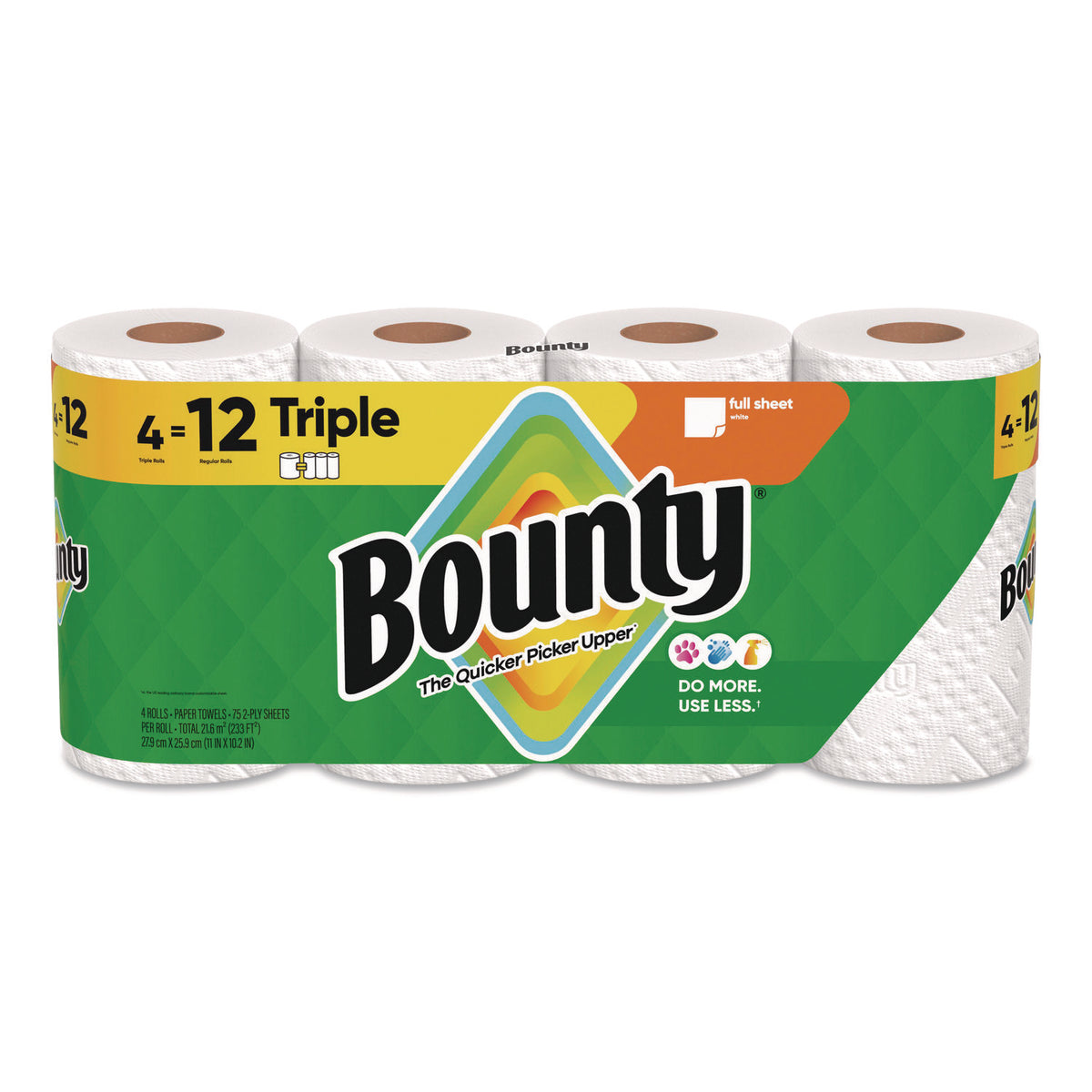Bounty Kitchen Roll Paper Towels, 2-Ply, White, 10.5 x 11, 75 Sheets/Roll, 4 Triple Rolls/Pack, 6 Packs/Carton (16007)