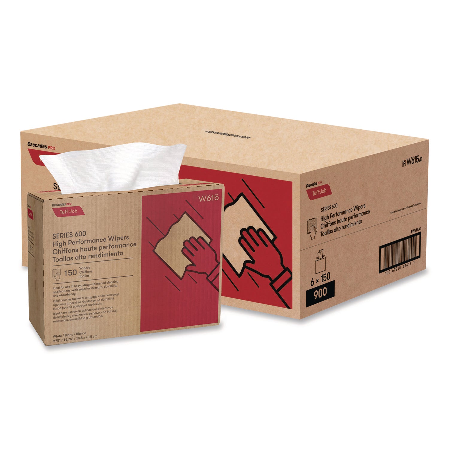Cascades PRO Tuff-Job Spunlace Towels, 1-Ply, 9.75 x 16.75, White, 150 Sheets/Pop-Up Box, 6 Boxes/Carton (W615)