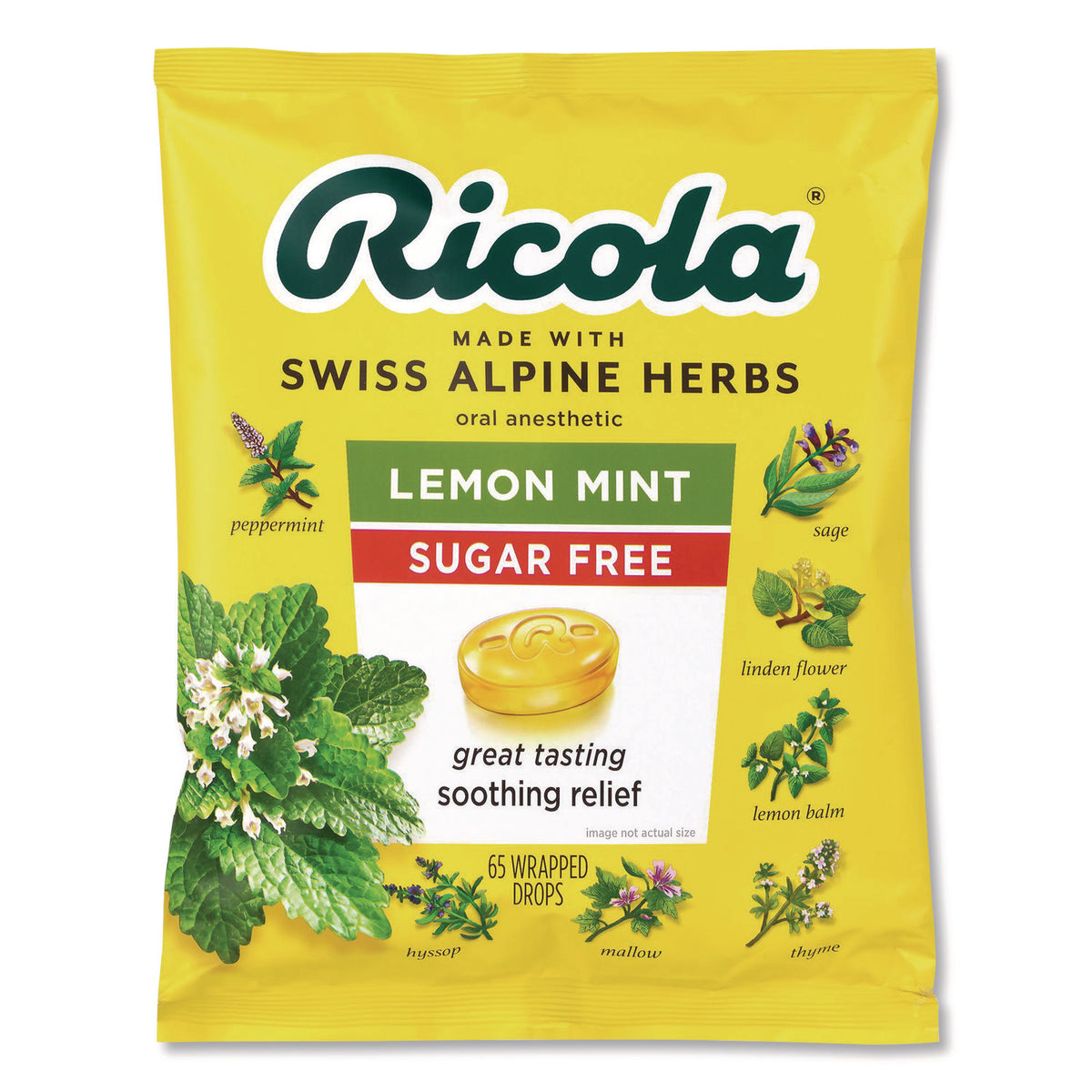 Ricola Sugar-Free Lemon Mint Herb Throat Drops, 65/Bag, 2 Bags/Pack (22002531)