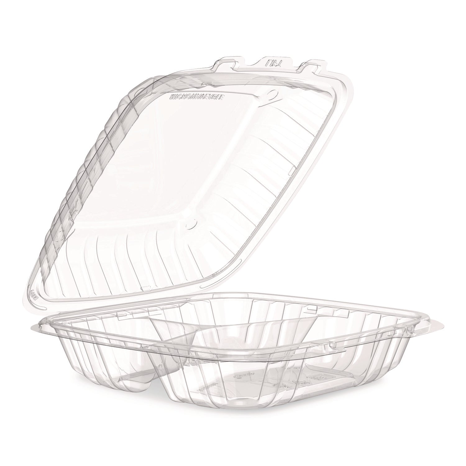 Dart Microwaveable Hinged Containers, ProPlanet, 3 Compartments, 9 x 8.75 x 3, Clear, Plastic,150/Carton (90PPHT3)