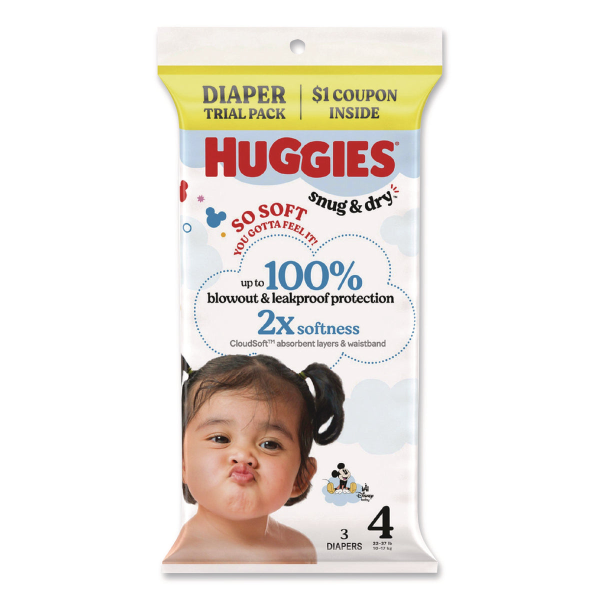 Huggies Snug and Dry, Size 4, 22 lbs to 37 lbs, Disney Design, 3 Diapers/Pack, 30 Packs/Carton (57030)
