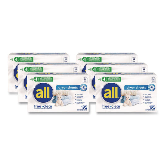 All Free Clear Dryer Sheets, Fragrance Free, 195 Sheets/Packs, 6 Packs/Carton (47362)
