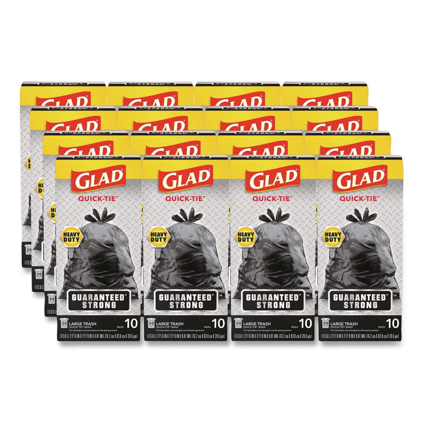 Glad Large Quick-Tie Trash Bags, Tie-Flap, 30 gal, 0.81 mil, 30 x 33, Black, 10 Bags/Box, 12 Boxes/Carton (00079CT)