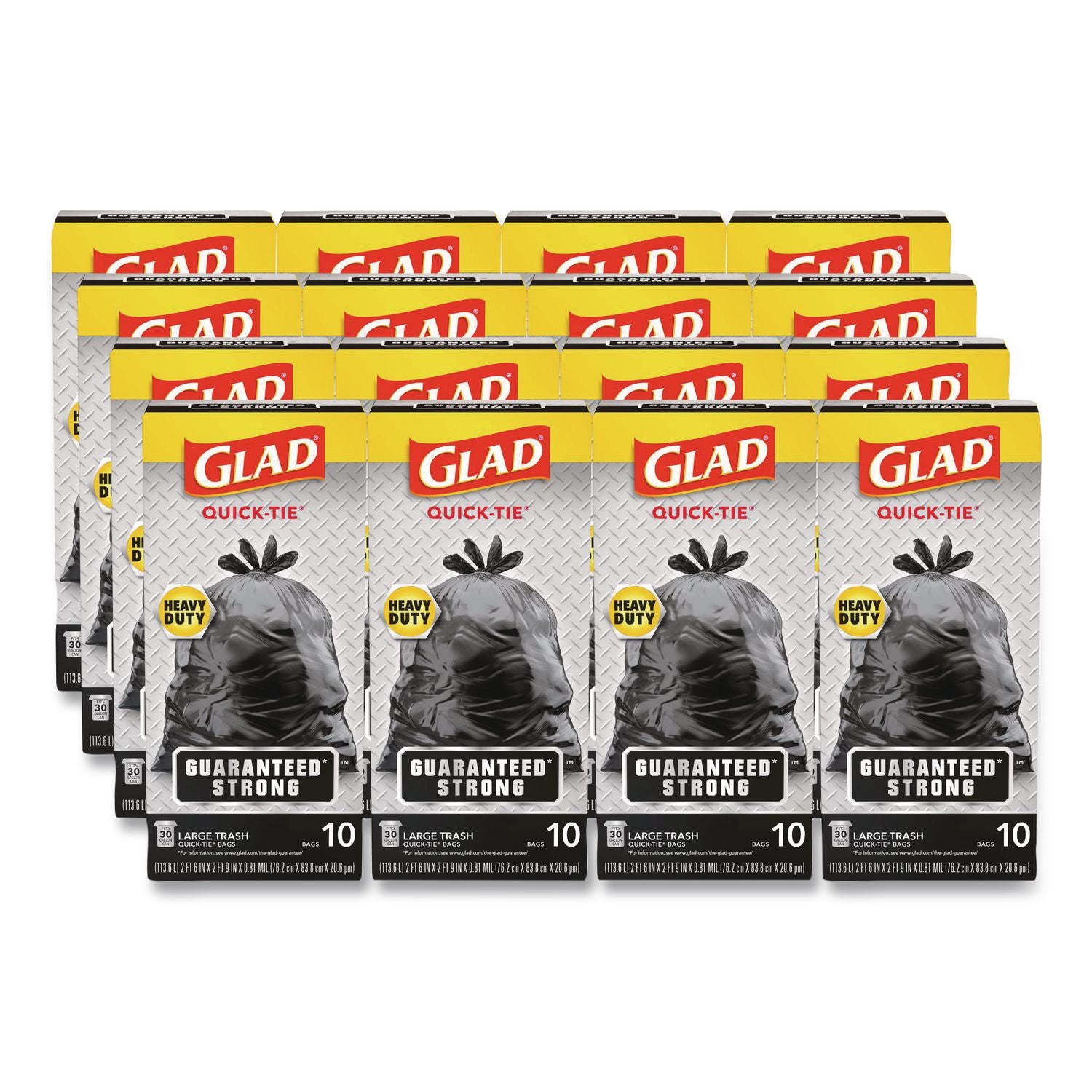 Glad Large Quick-Tie Trash Bags, Tie-Flap, 30 gal, 0.81 mil, 30 x 33, Black, 10 Bags/Box, 12 Boxes/Carton (00079CT)