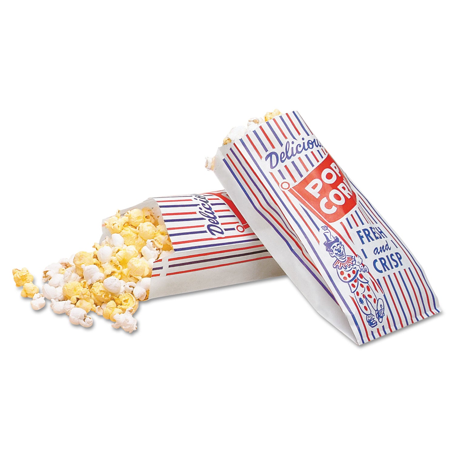 Bagcraft Pinch-Bottom Paper Popcorn Bag, Delicious Popcorn: Circus Clown Icon Labeling, 4" x 1.5" x 8", Red/White/Blue, 1,000/Carton (BGC300471)
