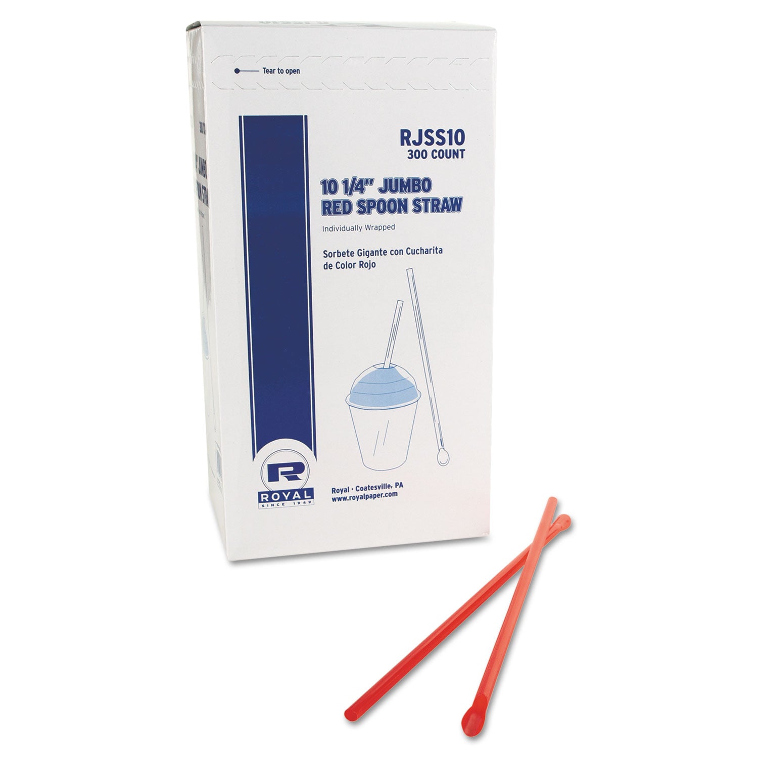AmerCareRoyal Jumbo Spoon Straw, 10.25", Plastic, Red, 300/Pack, 18 Packs/Carton (RPPRJSS10)