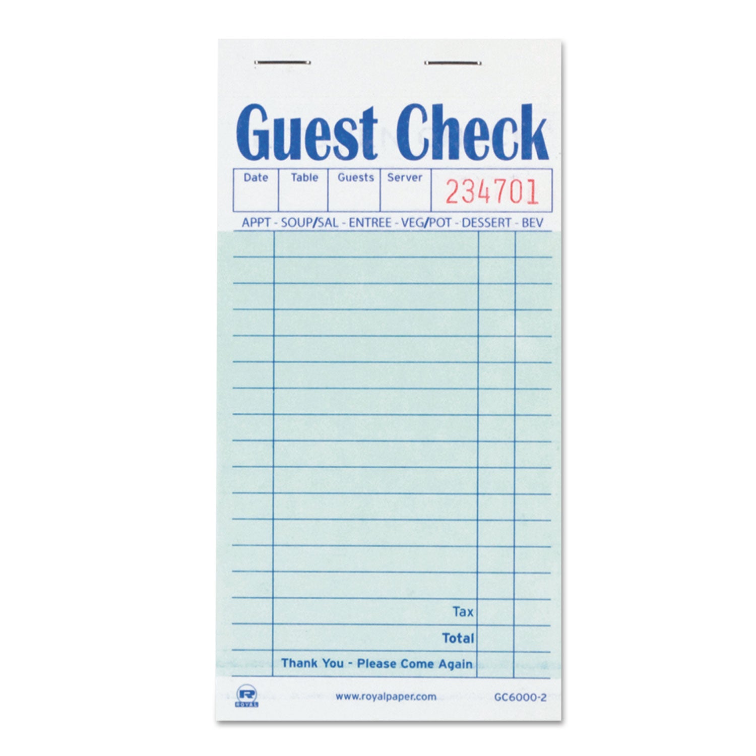 AmerCareRoyal Guest Check Pad, 17 Lines, Two-Part Carbon, 3.5 x 6.7, 50 Forms/Pad, 50 Pads/Carton (RPPGC60002)