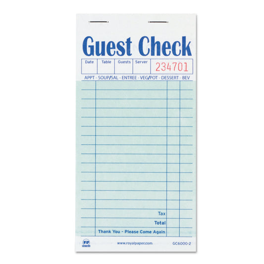 AmerCareRoyal Guest Check Pad, 17 Lines, Two-Part Carbon, 3.5 x 6.7, 50 Forms/Pad, 50 Pads/Carton (RPPGC60002)