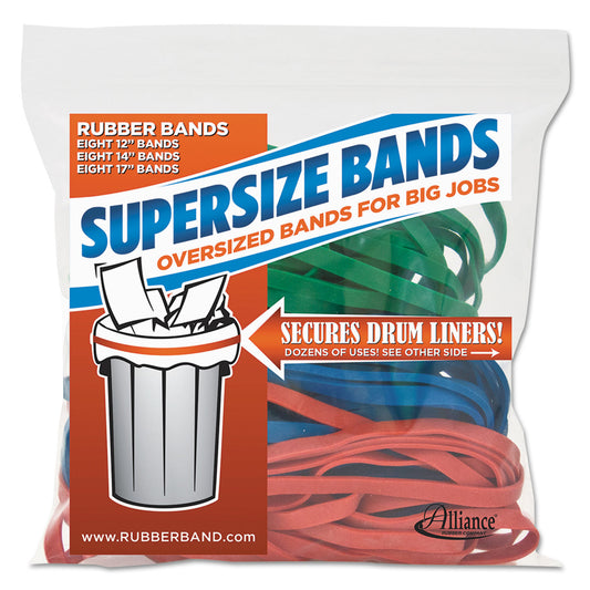 Alliance Rubber Rubber Rubber SuperSize Bands, 0.25" Wide, Assorted Lengths (12", 14" and 17"), 4,060 psi Max Elasticity, Assorted Colors, 24/Pack (ALL08997)