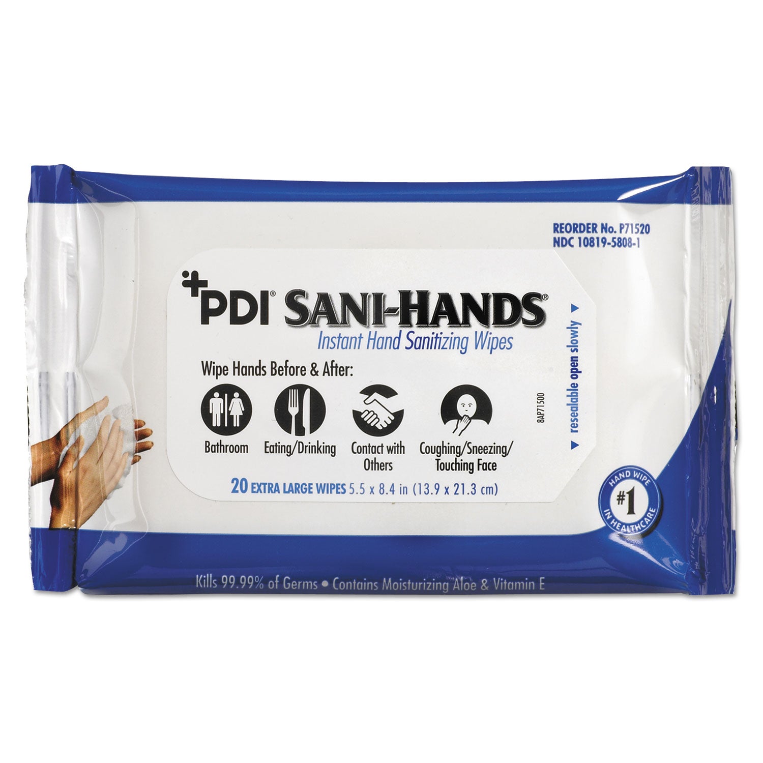 Sani Professional PDI Sani-Hands Instant Hand Sanitizing Wipes, 1-Ply, 5.5 x 8.4, White, 20/Pack, 48 Packs/Carton (P71520)