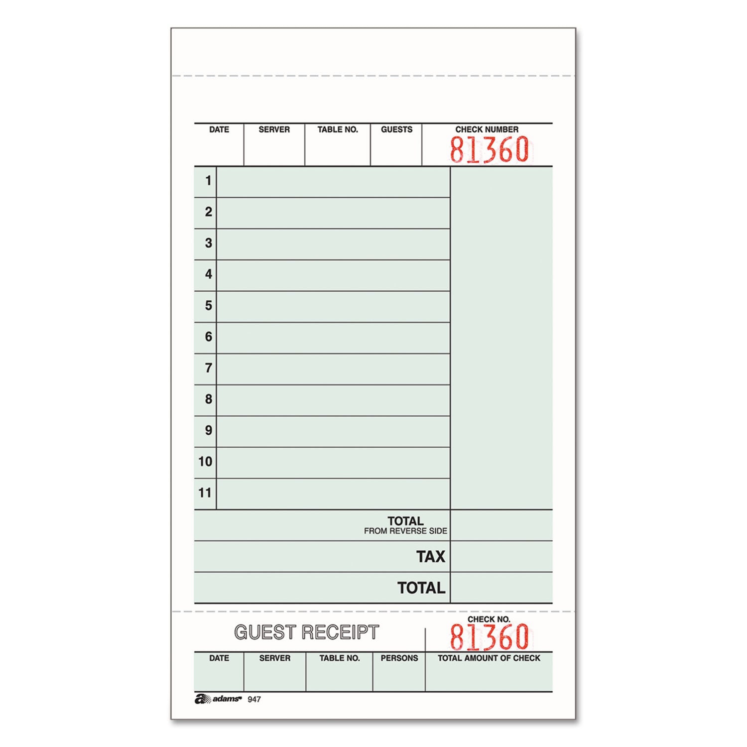 Adams Guest Check Unit Set, Two-Part Carbonless, 6.75 x 4.25, 50 Forms/Pad, 5 Pads/Pack (ABF947SWC)