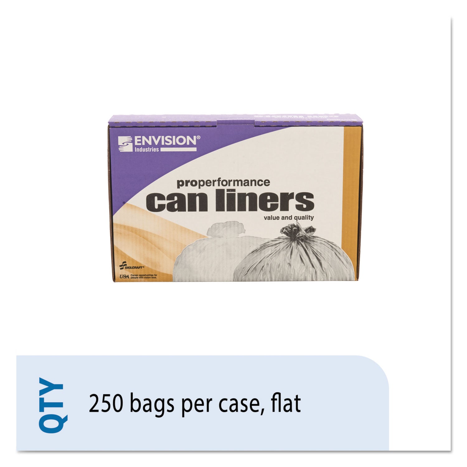 AbilityOne 8105015171353, SKILCRAFT Low-Density Trash Can Liners, 33 gal, 0.8 mil, 33" x 39", Clear, Flat Pack, 250/Box
