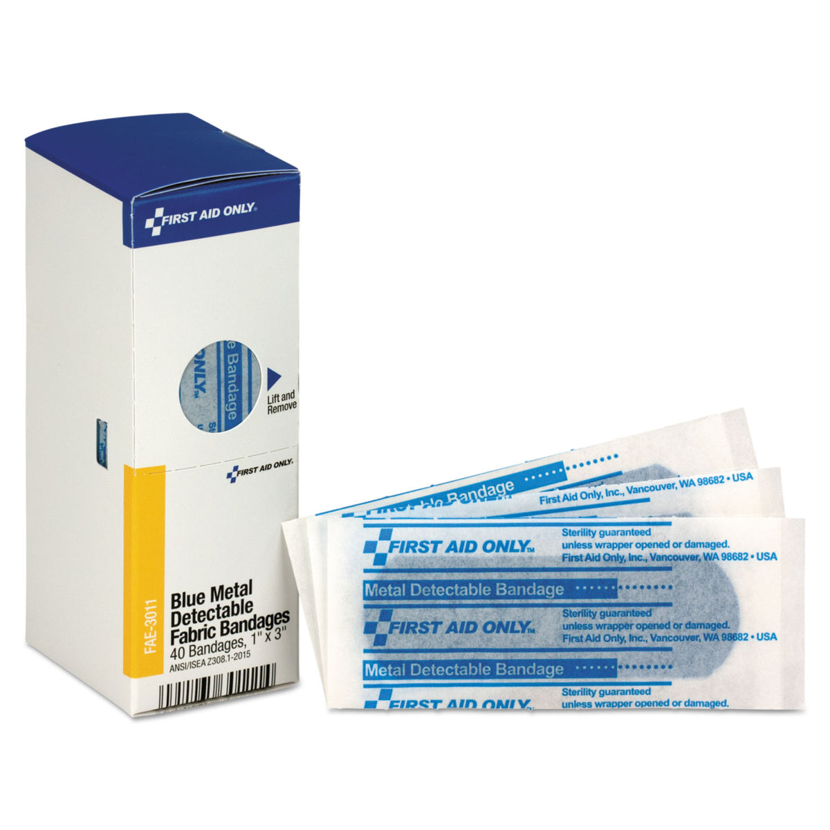First Aid Only Refill for SmartCompliance General Cabinet, Blue Metal Detectable Bandages, 1 x 3, 40/Box (FAOFAE3011)