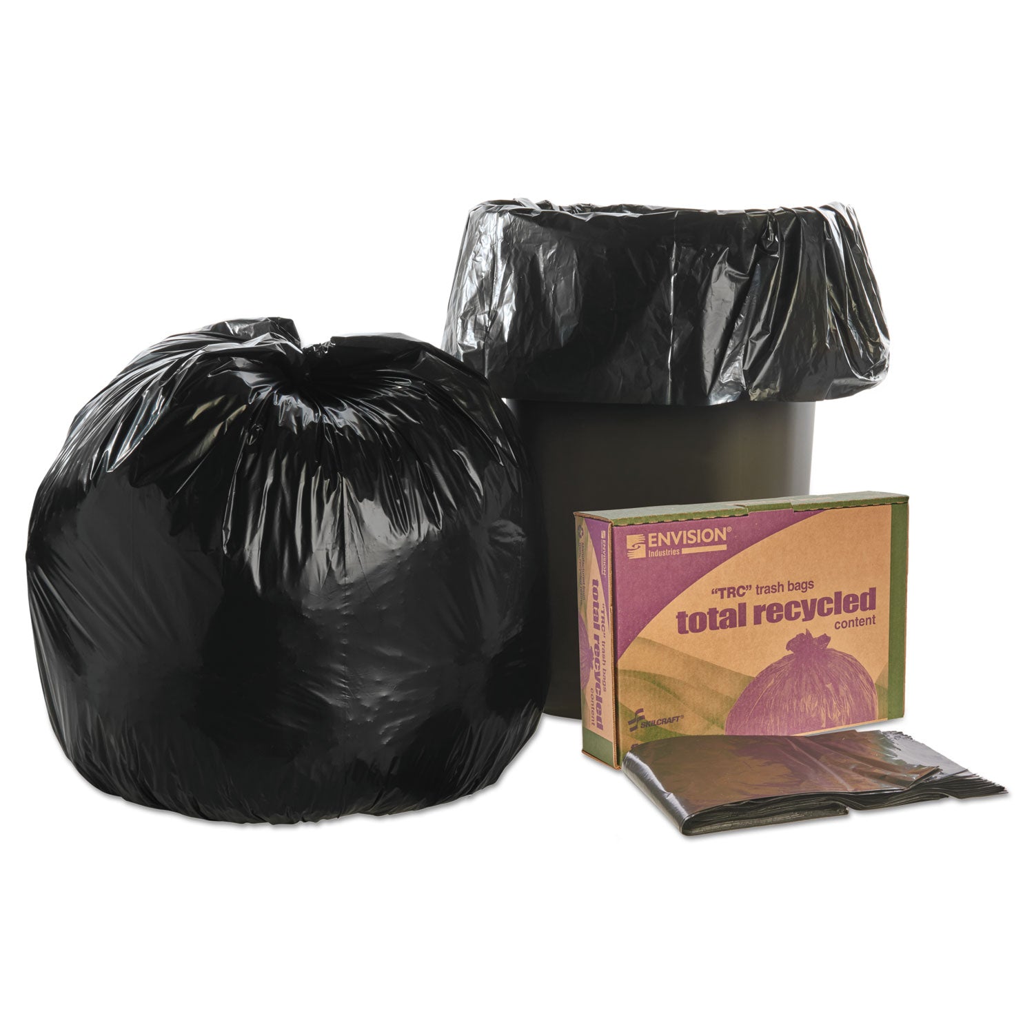 AbilityOne 8105013862290, SKILCRAFT Recycled Content Trash Can Liners, 30 gal, 1.3 mil, 30" x 39", Black/Brown, 100/Carton