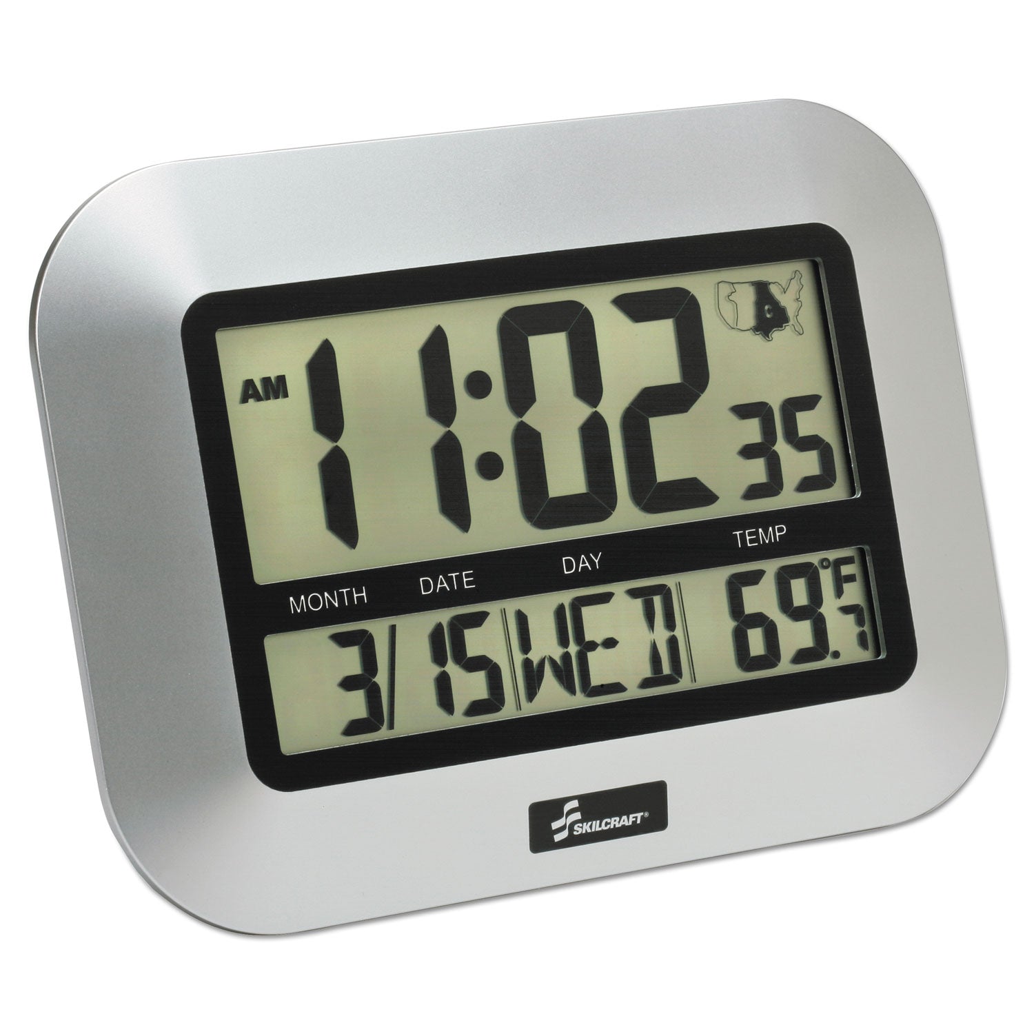 AbilityOne 6645016611877 SKILCRAFT LCD Digital Radio-Controlled Clock, 7.25" x 9.75", Silver Case, 2 AAA (sold separately)
