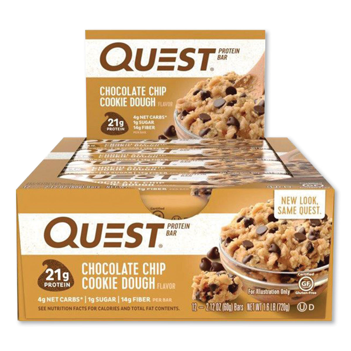 Quest Protein Bars, Chocolate Chip Cookie Dough, 2.12 oz Bar, 12 Bars/Box (QCC00003)