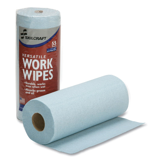 AbilityOne 7920016850956, SKILCRAFT Industrial Work Wipes, 1-Ply, 10.4 x 11, Blue, 55 Wipes/Roll, 12 Rolls/Carton