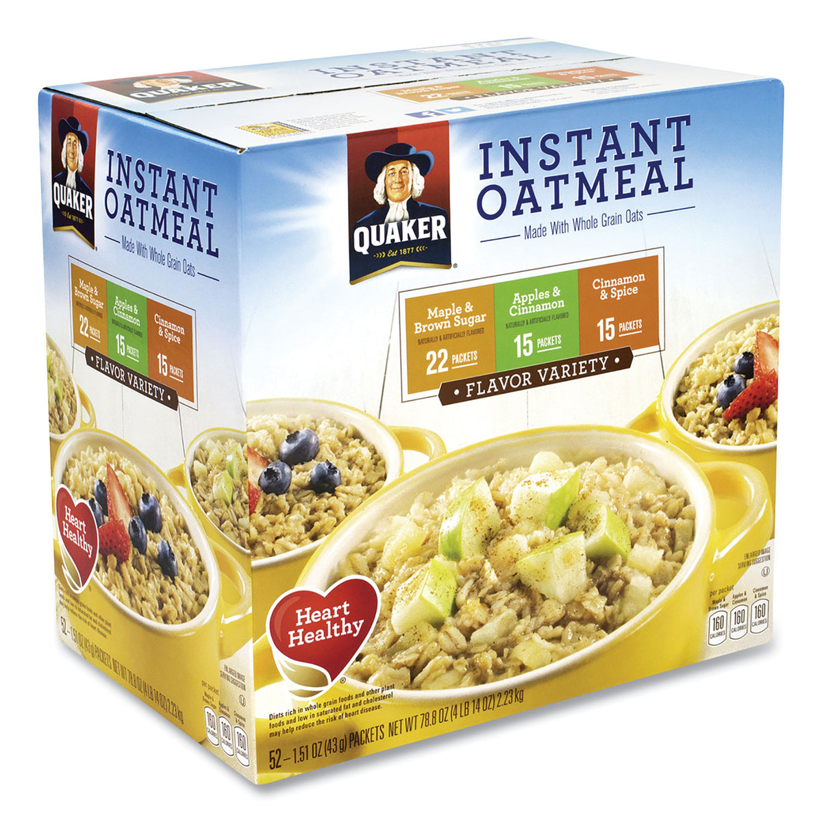 Quaker Instant Oatmeal, Assorted Varieties, 1.51 oz Envelope, 52/Carton (GRR22000482)