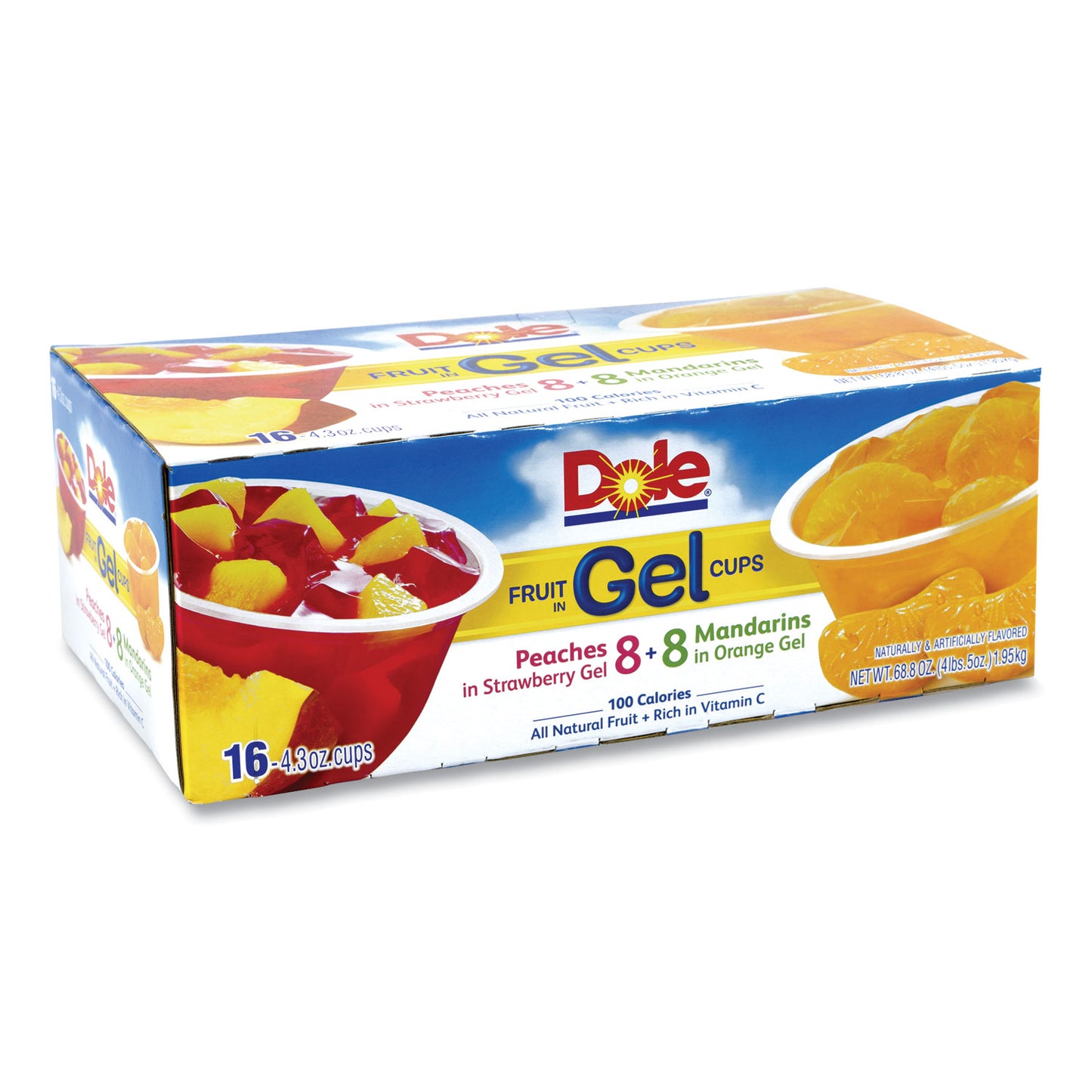 Dole Fruit in Gel Cups, Mandarins/Orange, Peaches/Strawberry, 4.3 oz Cups, 16 Cups/Carton (GRR22000473)