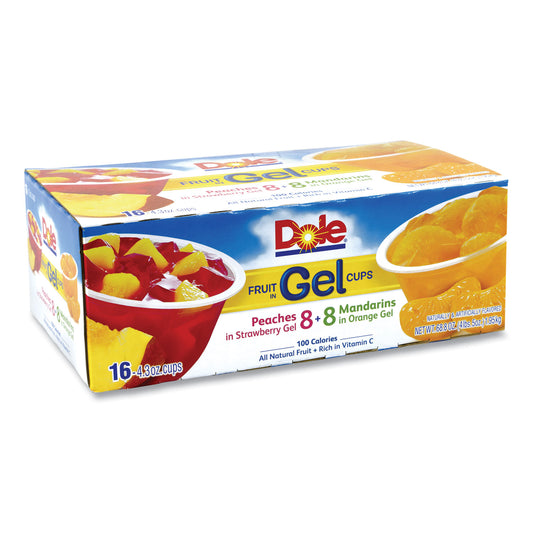 Dole Fruit in Gel Cups, Mandarins/Orange, Peaches/Strawberry, 4.3 oz Cups, 16 Cups/Carton (GRR22000473)