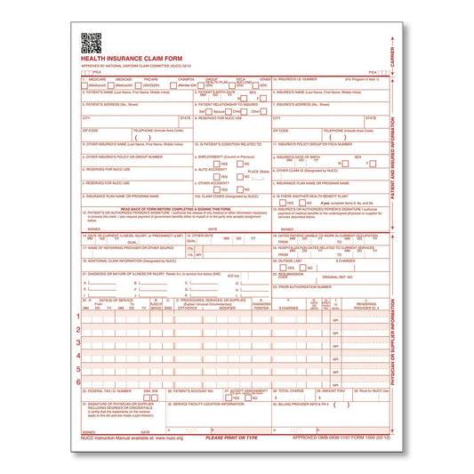 Adams CMS Health Insurance Claim Form, Two-Part Carbonless, 8.5 x 11, 100 Forms Total (ABFCMS1500L1V)