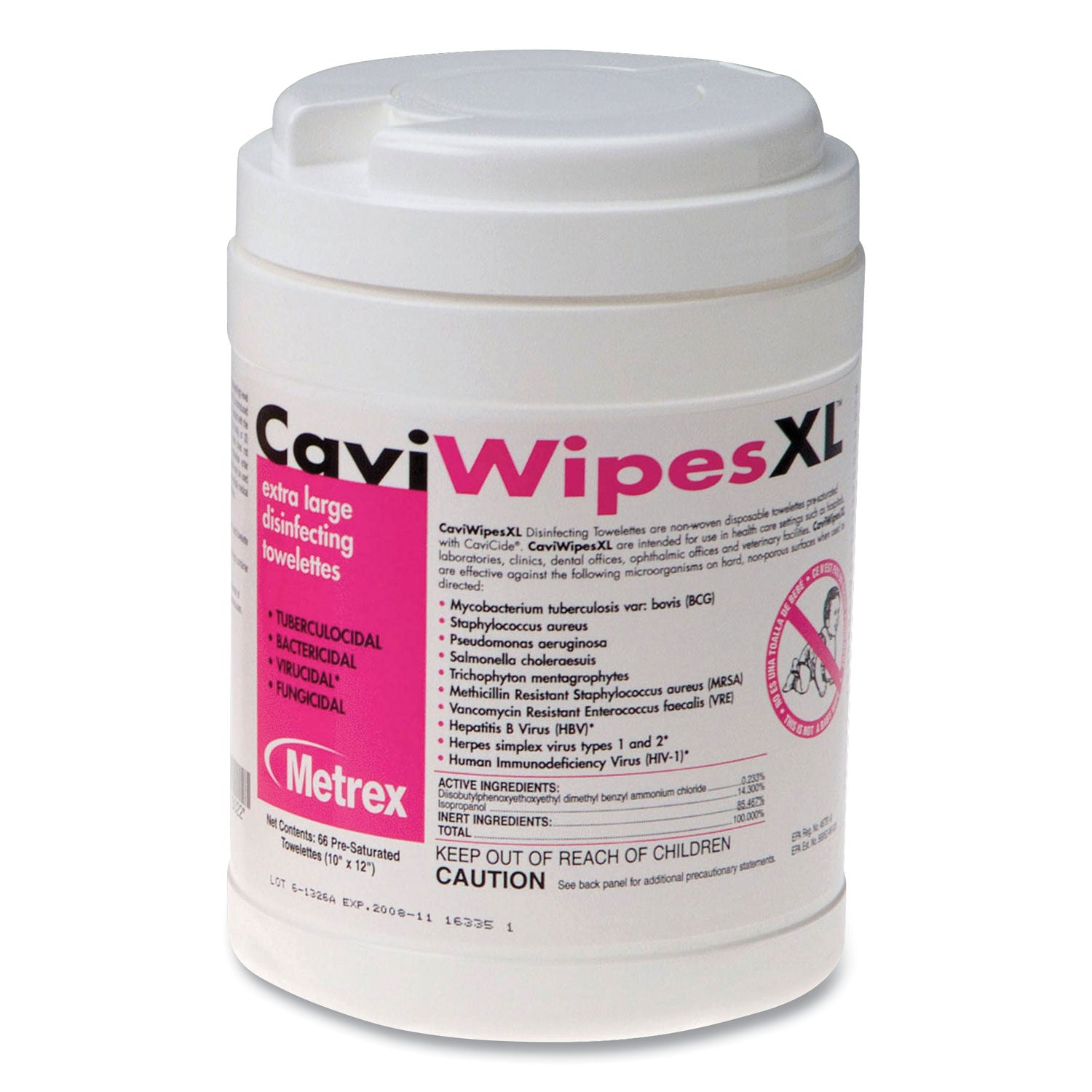 Caviwipes XL Disinfecting Towelettes, 10 x 12, Fragrance Free, White, 66 Wipes/Canister (BHCMACW078150)
