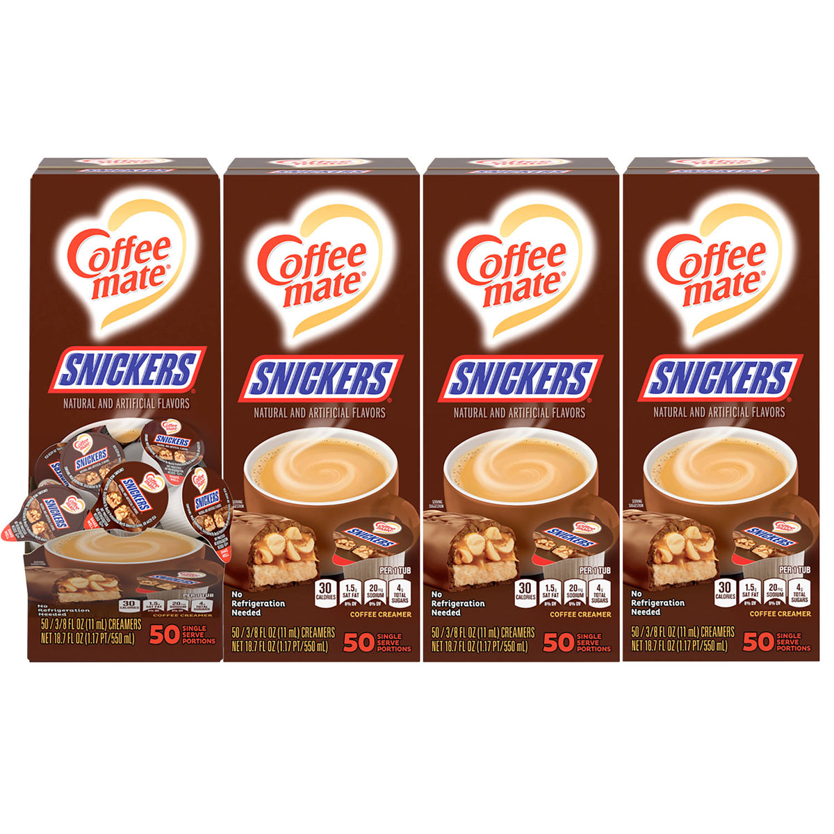 Coffee-mate Liquid Coffee Creamer, Snickers, 0.38 oz Mini Cups, 200 Cups/Carton (NES61425CT)