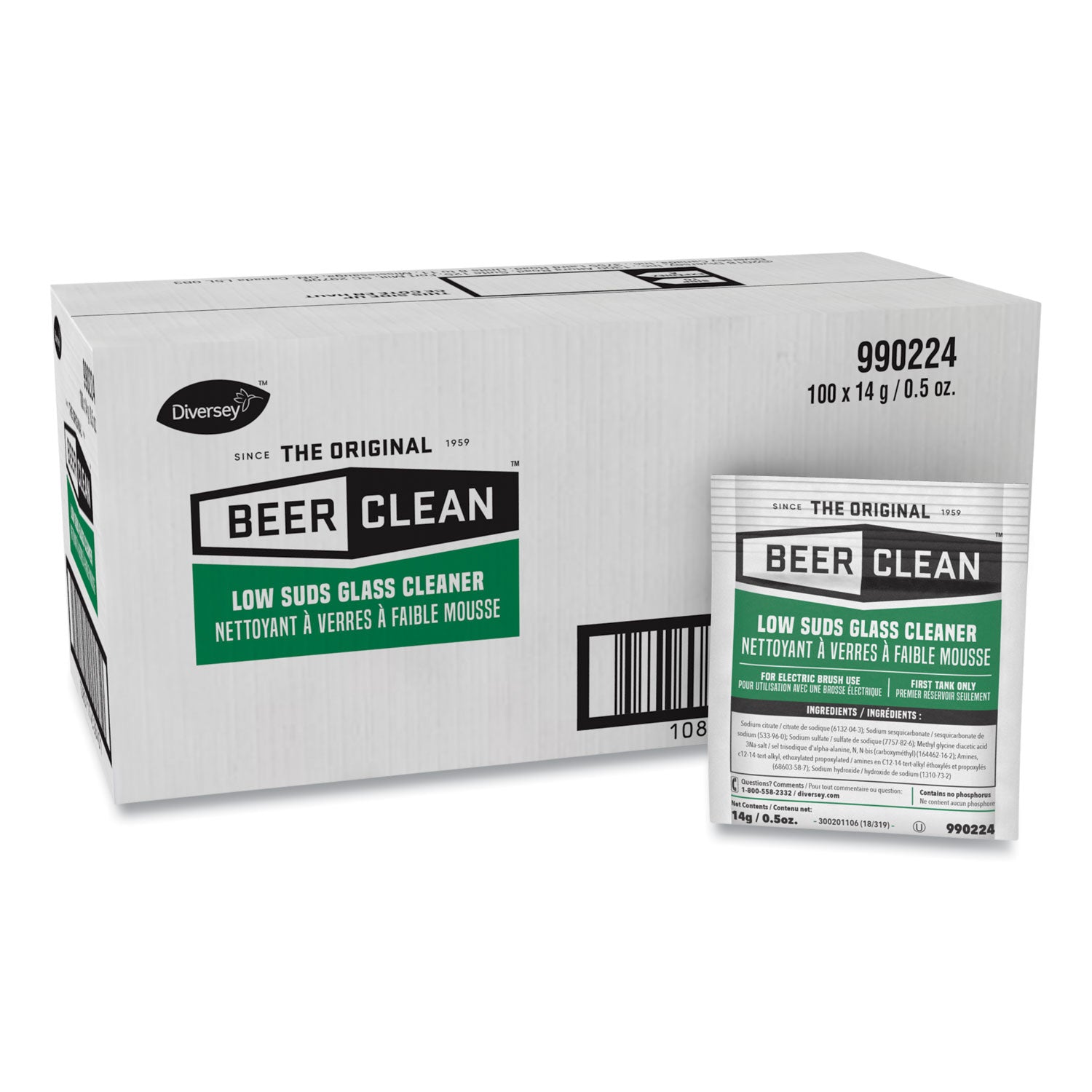 Diversey Beer Clean Glass Cleaner, Powder, 0.5 oz Packet, 100/Carton (DVO990224)