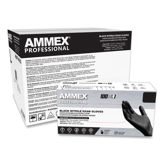 AMMEX Professional Nitrile Exam Gloves, Powder-Free, 3 mil, Medium, Black, 100/Box (AXCABNPF44100)