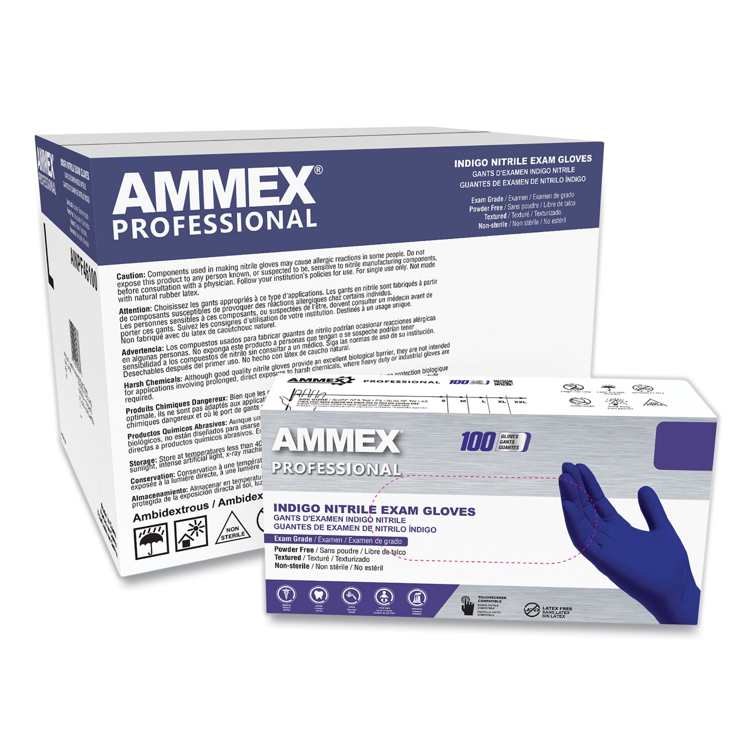 AMMEX Professional Nitrile Exam Gloves, Powder-Free, 3 mil, Medium, Indigo, 100/Box (AXCAINPF44100)