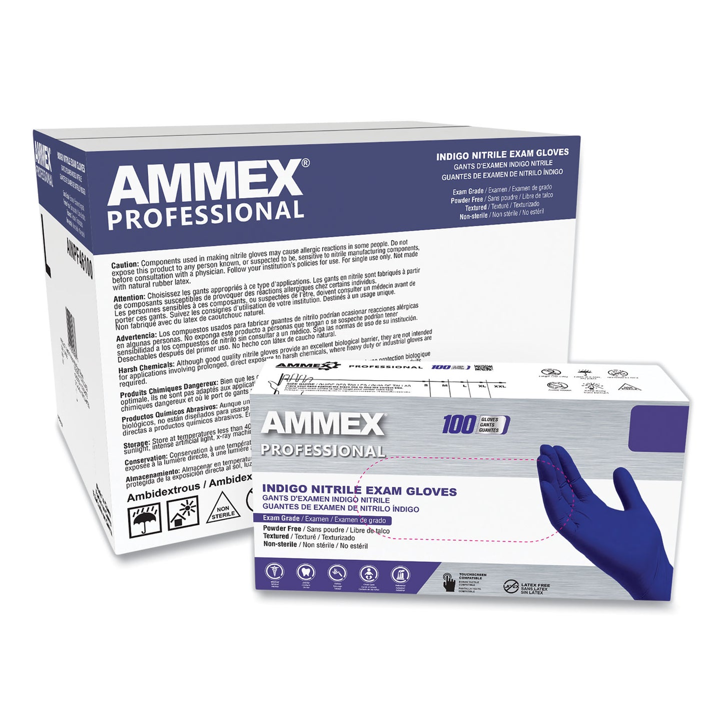 AMMEX Professional Nitrile Exam Gloves, Powder-Free, 3 mil, X-Large, Indigo, 100/Box (AXCAINPF48100)